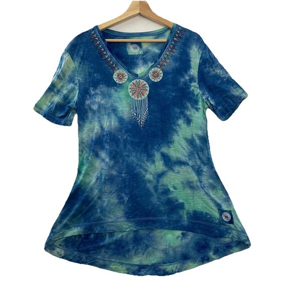 Double D Ranch Top Womens S Blue Tie Dye Tunic Hi-Low Western Retro Hippie Boho - Picture 1 of 13